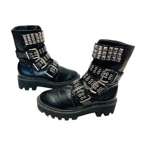 Current Mood Black Multi Buckle Studded Platform Combat Boots 9 Grommet Lug Sole